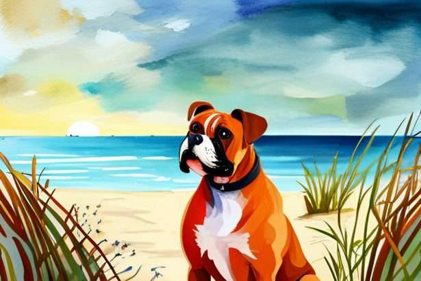 A boxer's sitting at a beach side