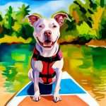 A pitbull sitting on the edge of a paddle board