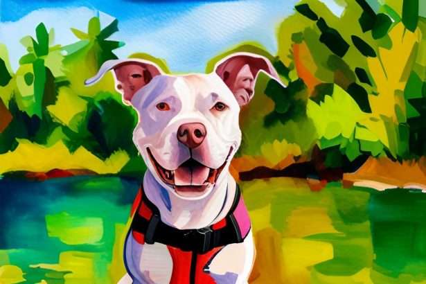 A pitbull sitting on the edge of a paddle board