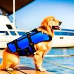 A happy retriever wearing a blue vest on a boat
