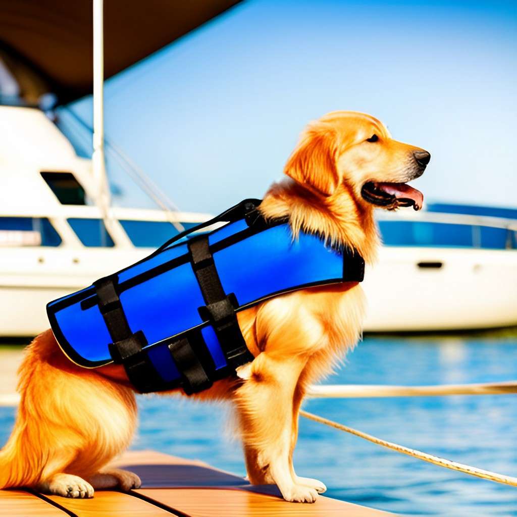 A happy retriever wearing a blue vest on a boat
