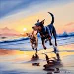 Two dogs playing by the ocean