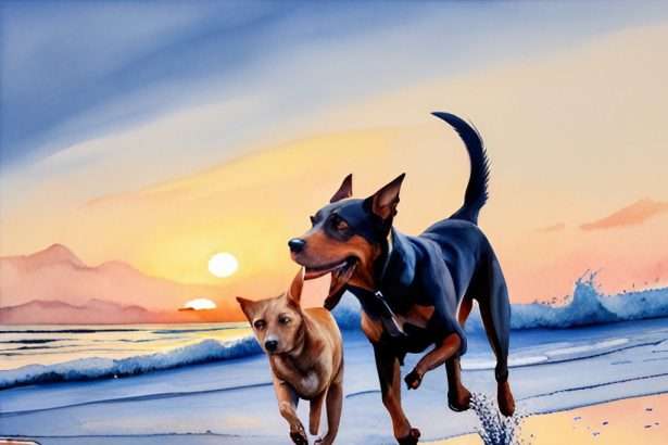 Two dogs playing by the ocean