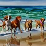 Is four dogs playing on the beach