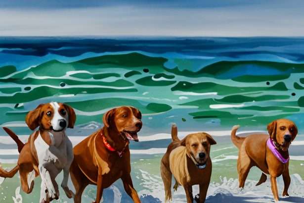 Is four dogs playing on the beach