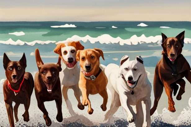 Six dogs racing in out of the ocean