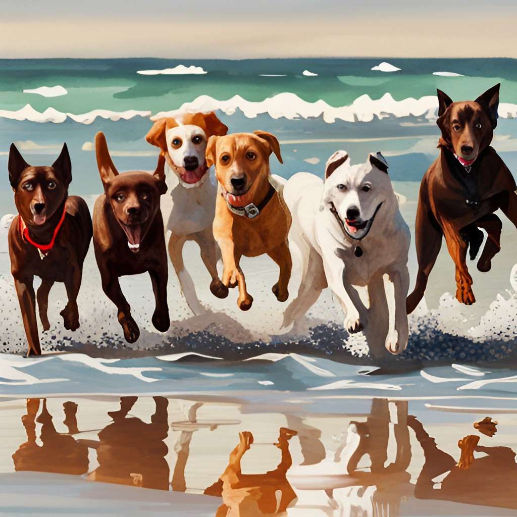 Six dogs racing in out of the ocean