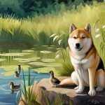 A dog by the side of a lake with ducks