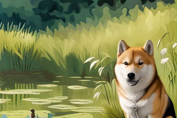 A dog by the side of a lake with ducks