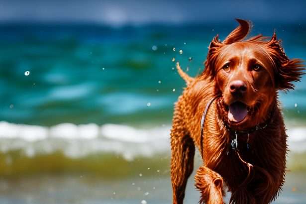 Dog having fun surf side
