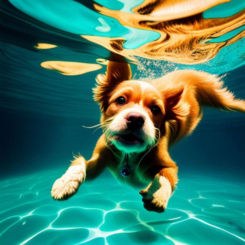 A cute dog diving in underwater