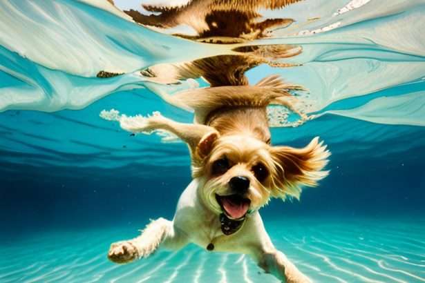 A cute dog underwater smiling at the camera