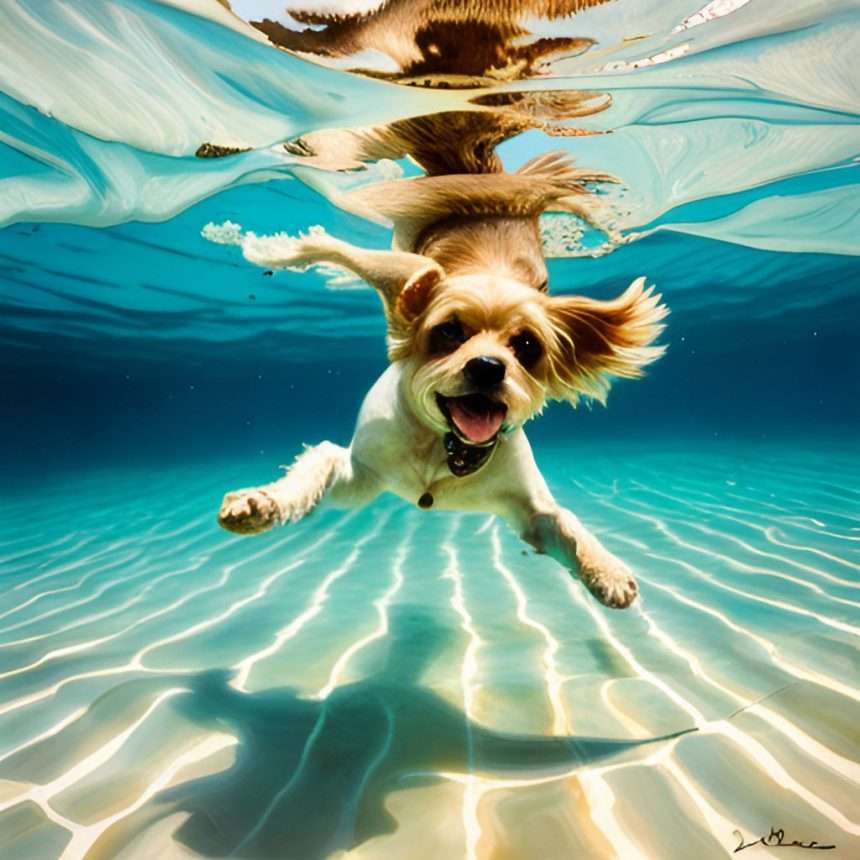 A cute dog underwater smiling at the camera