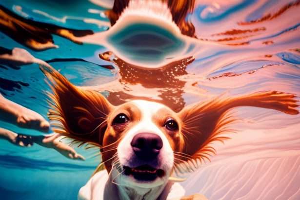 A dog paddling in the water