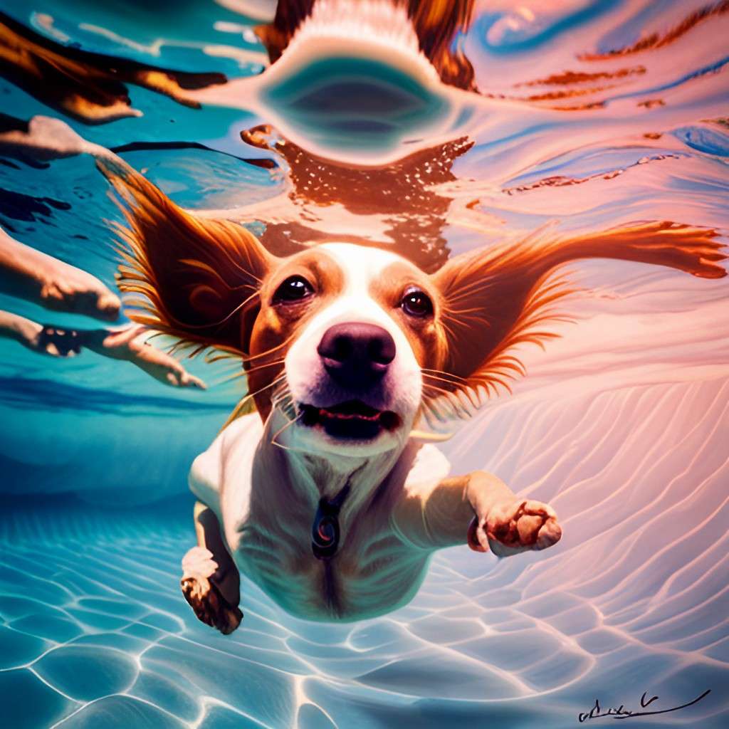 A dog paddling in the water