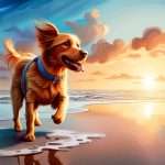 A little brown dog playing on the beach