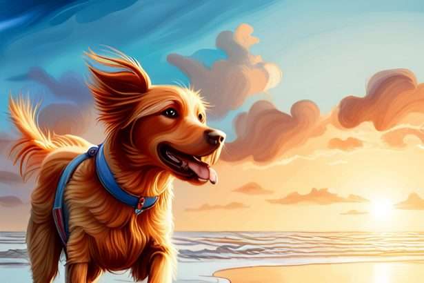 A little brown dog playing on the beach