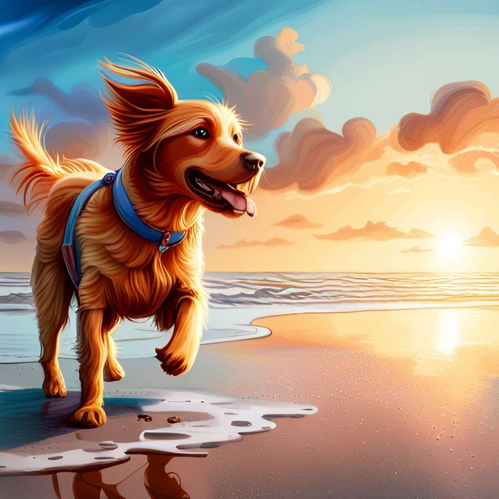 A little brown dog playing on the beach