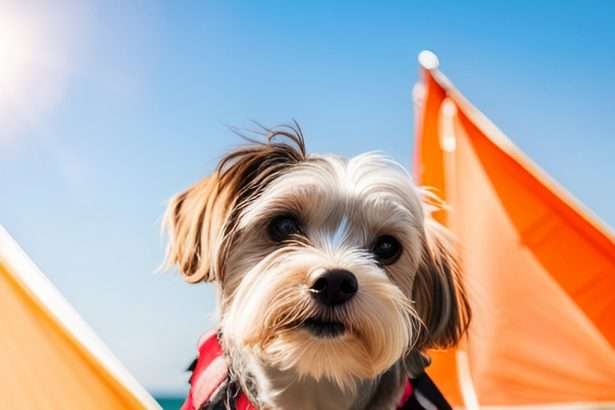 A cute dog wearing a red vet