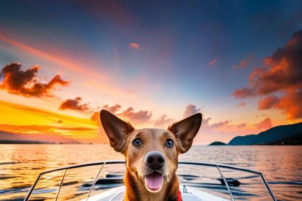 A cute dog on the front of a boat