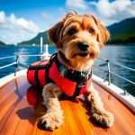 A cute dog wearing a red vest at the front of the boat