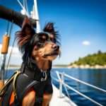 Oh a cute little dog with a black life jacket at a boat