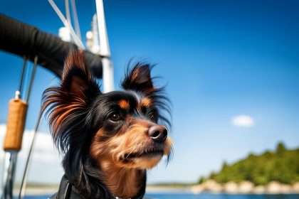 Oh a cute little dog with a black life jacket at a boat