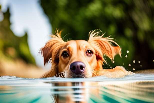 A cute dog swimming dog paddle