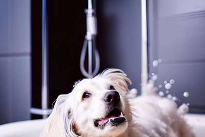 A little white dog getting a bath