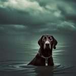 A serious black lab in water