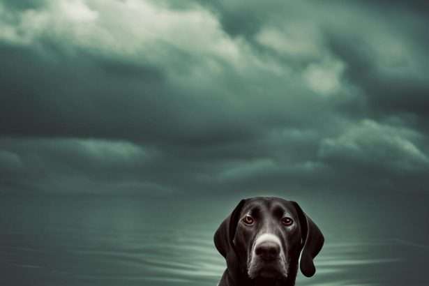 A serious black lab in water