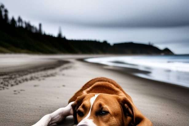 Is a tired dog by the ocean side