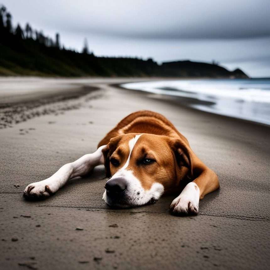 Is a tired dog by the ocean side