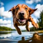 A dog jumping into the water