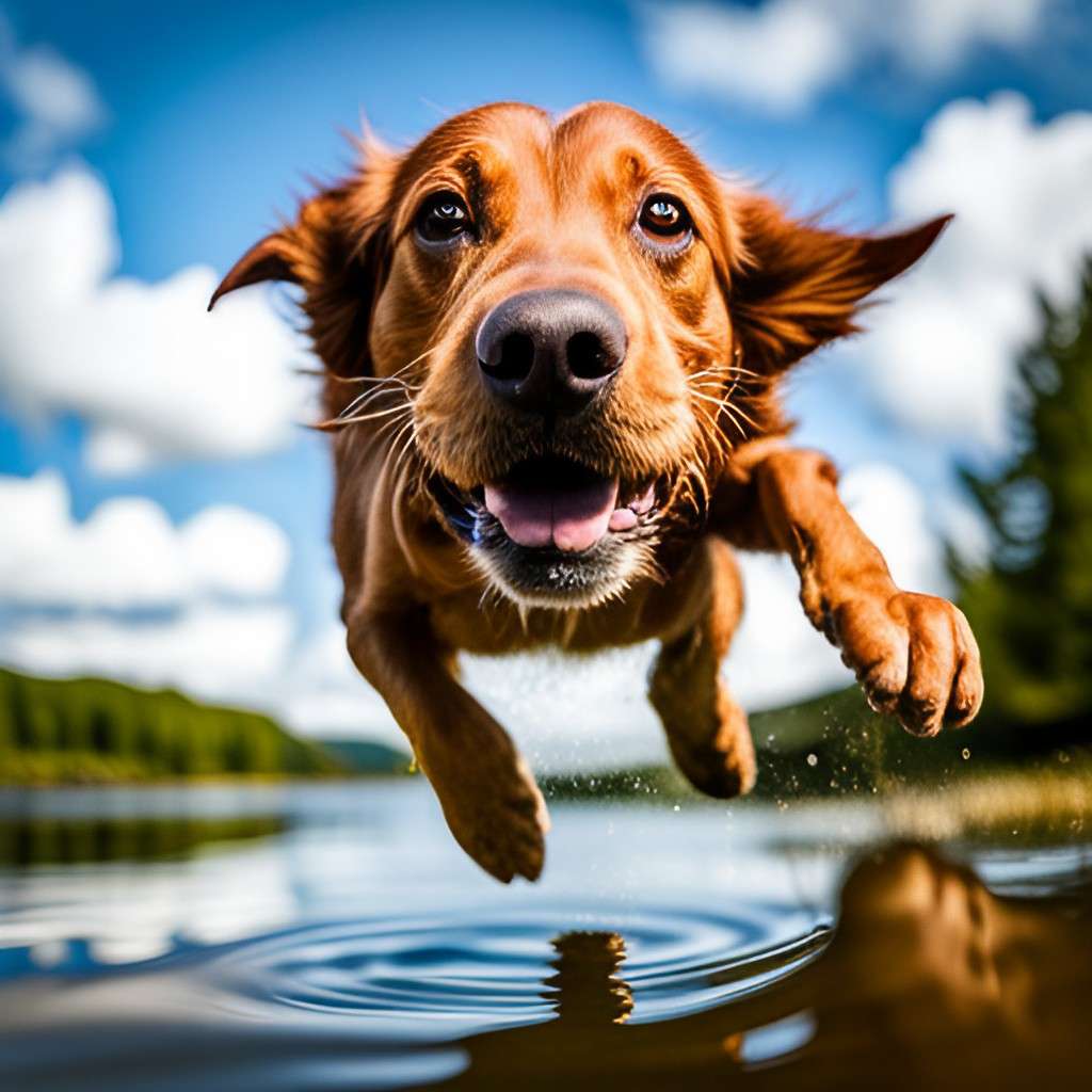 A dog jumping into the water