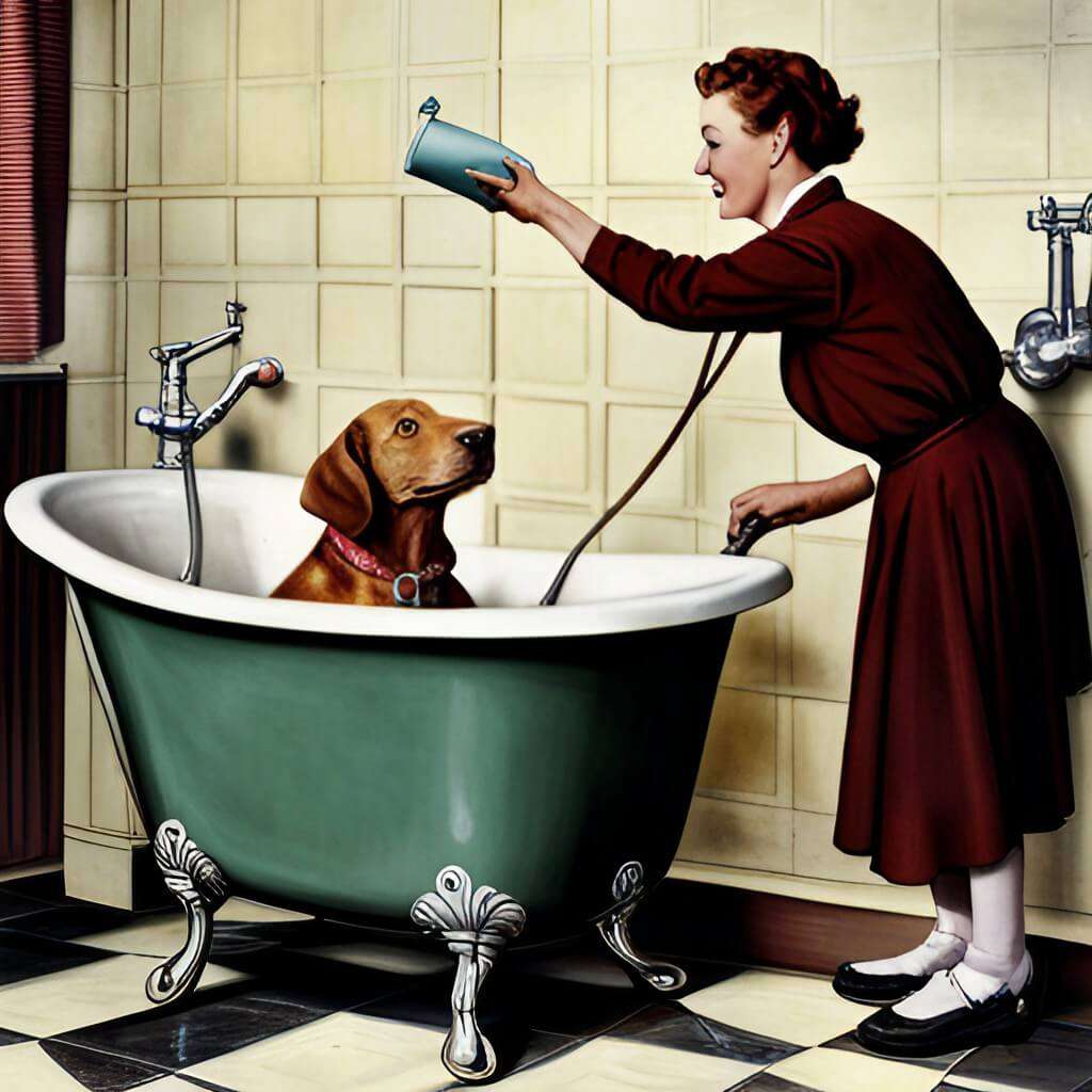 A lady pouring soap into a tub with a dog in it