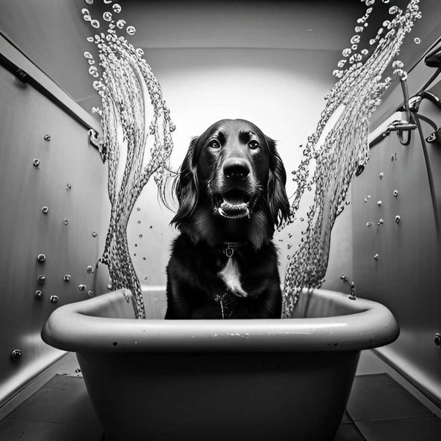 A dog splashing in a tub