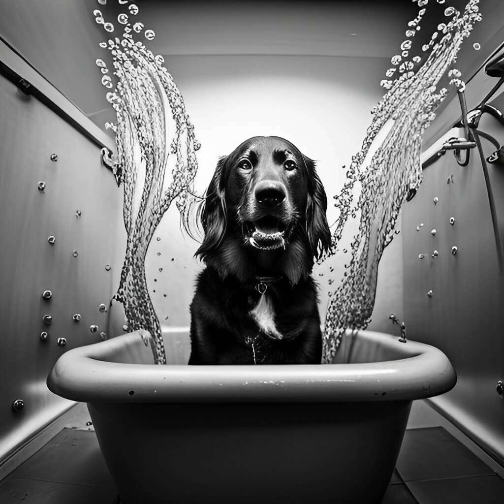 A dog splashing in a tub