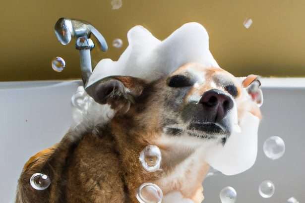 A dog covered insides and water