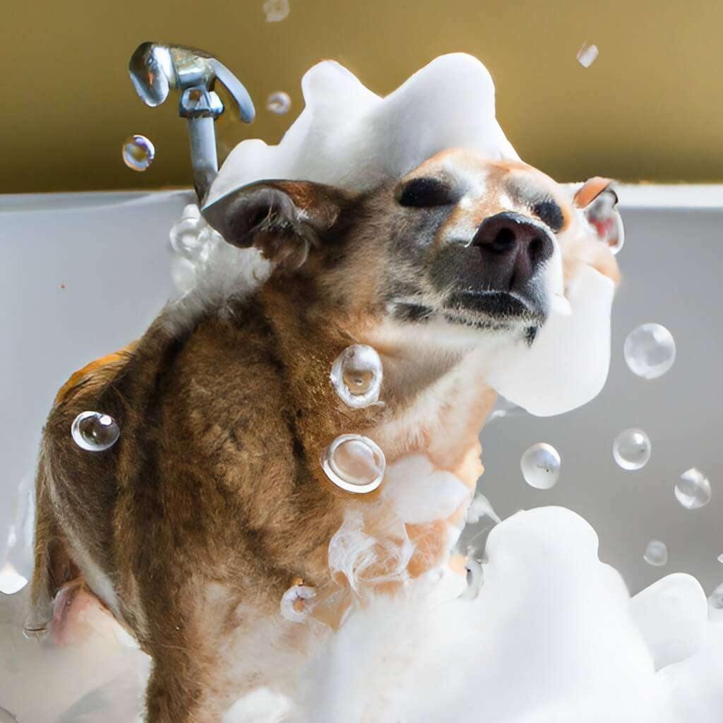 A dog covered insides and water