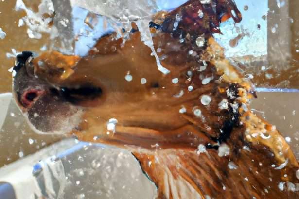 Wet dog playing in water