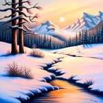 Cold winter with a stream running through a forest