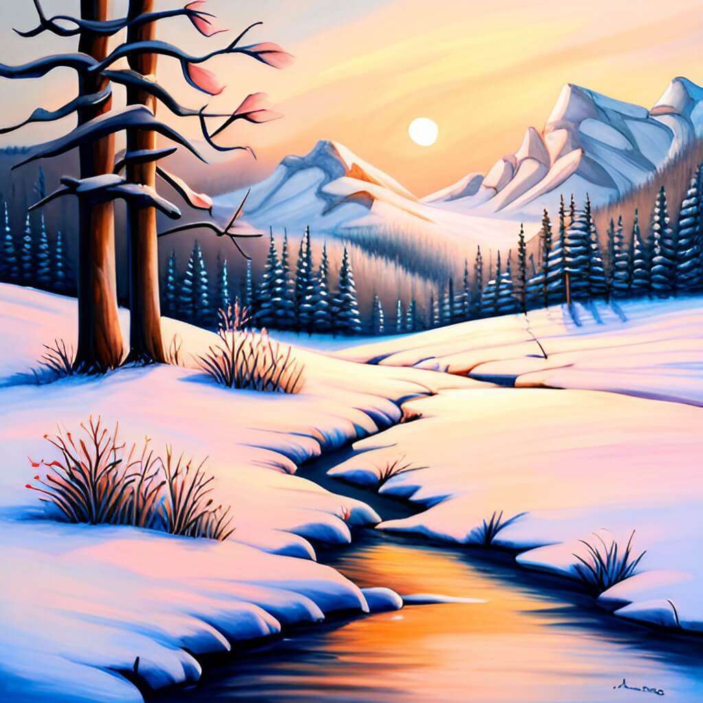 Cold winter with a stream running through a forest