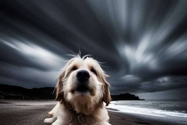 Is a serious looking white dog on the beach