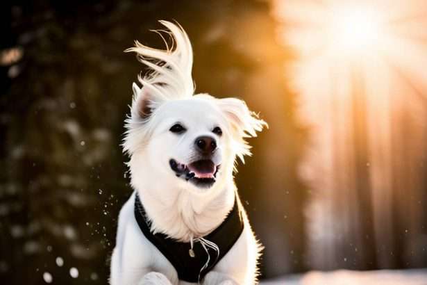 Is a white dog playing in snow