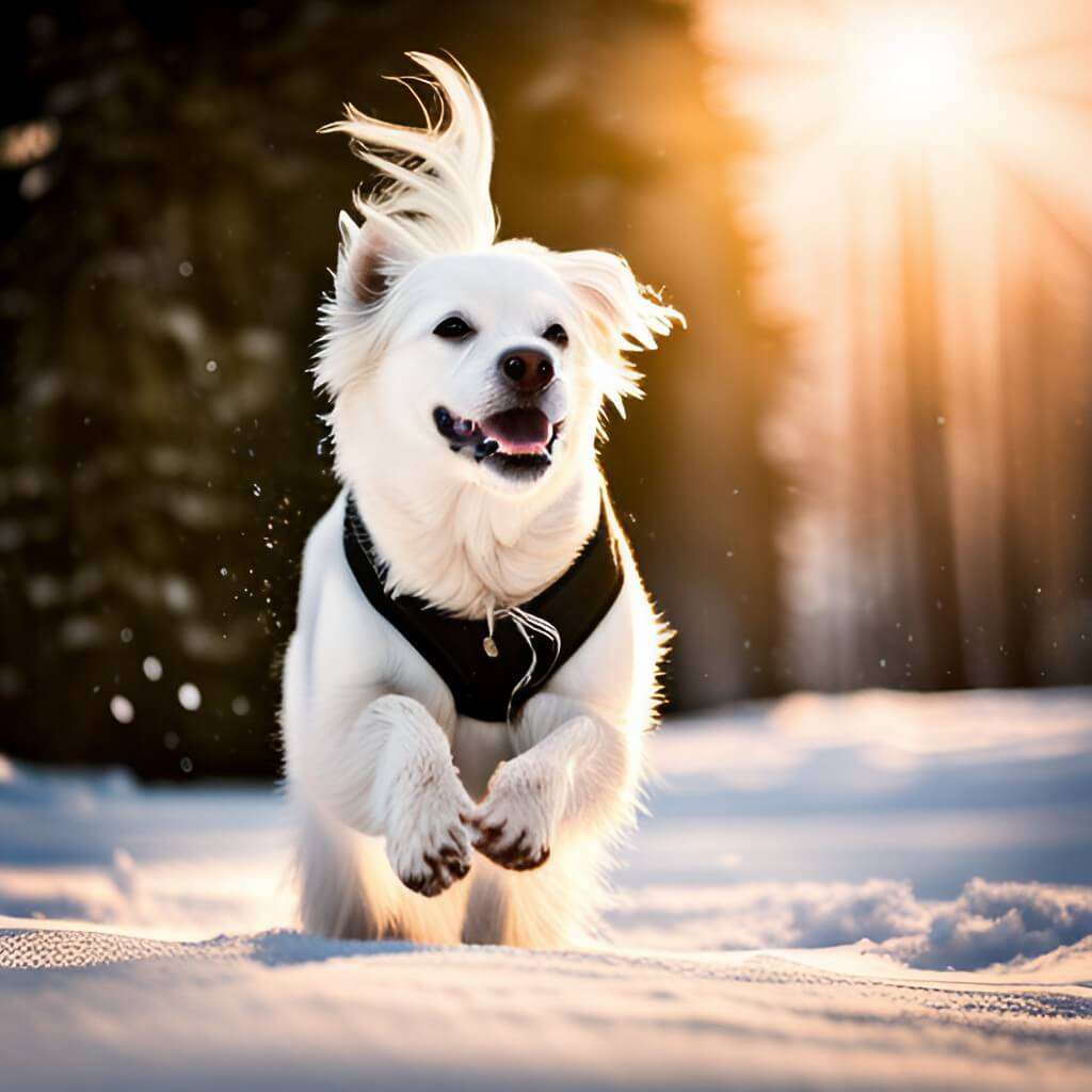 Is a white dog playing in snow