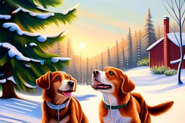 Is two dogs frolicking in snow