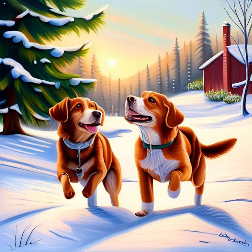 Is two dogs frolicking in snow