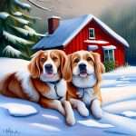 Is two cute dogs sitting in snow